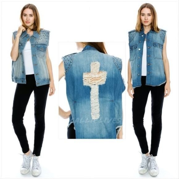 Callie Christian Cross Stud Denim Jean Jacket Vest - Picture 3 of 7